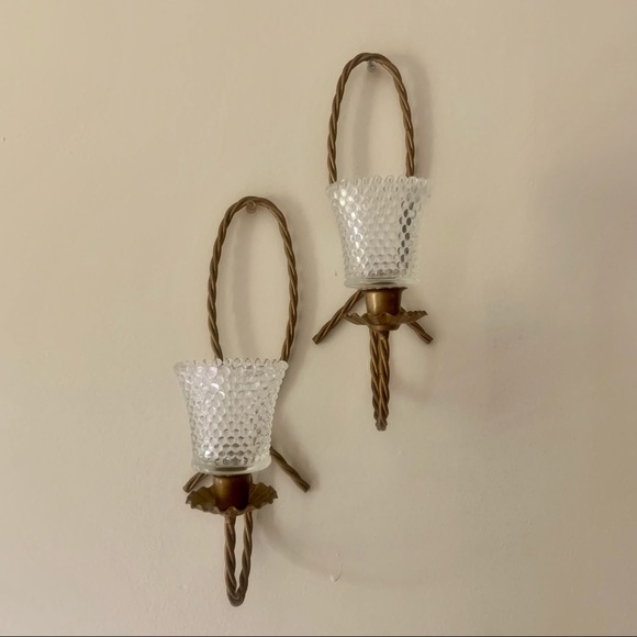 Vintage MCM Gold Metal Rope Twist Candle Holders With Clear Glass Sconces